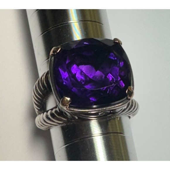 OS ID Jewelry - 18k Yellow Gold & Sterling Silver Ring w/FACETED Amethyst STONE 'OS ID' HALLMARK